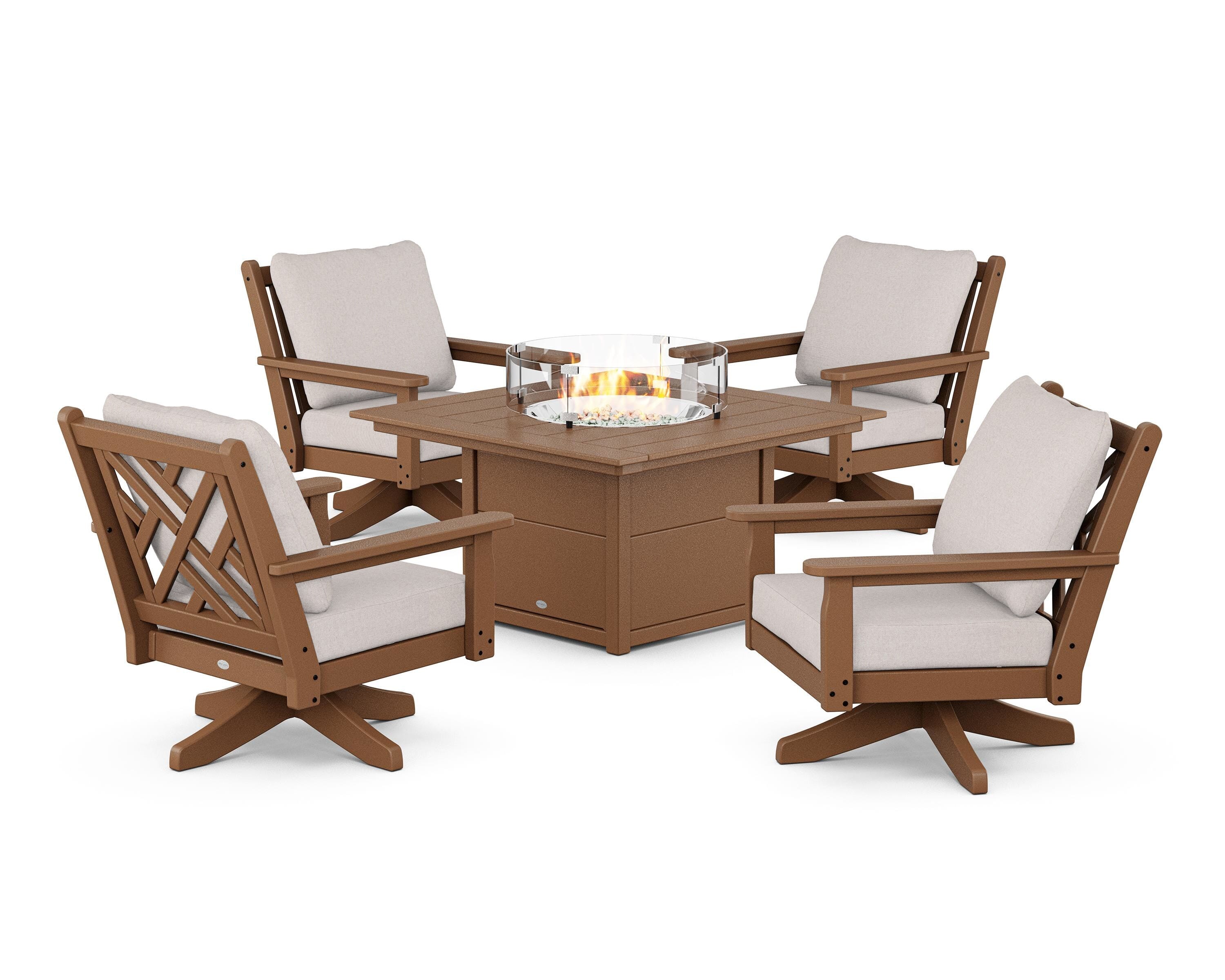 POLYWOOD® Chippendale 5-Piece Deep Seating Swivel Conversation Set with Fire Pit Table in Teak / Dune Burlap