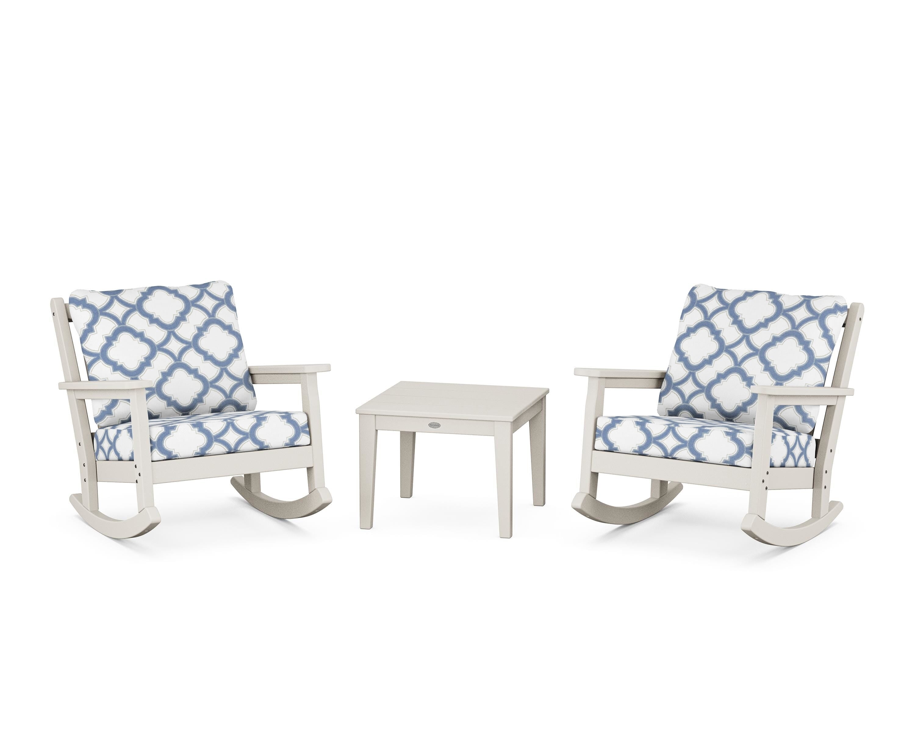 POLYWOOD® Chippendale 3-Piece Deep Seating Rocker Set in Sand / Trellis Sky Blue