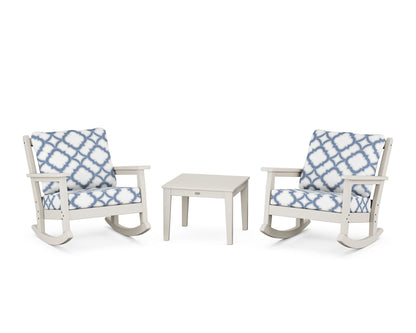 POLYWOOD® Chippendale 3-Piece Deep Seating Rocker Set in Sand / Trellis Sky Blue