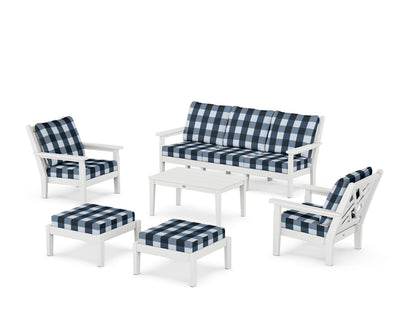 POLYWOOD® Chippendale 6-Piece Lounge Sofa Set in White / Buffalo Plaid Marine Indigo