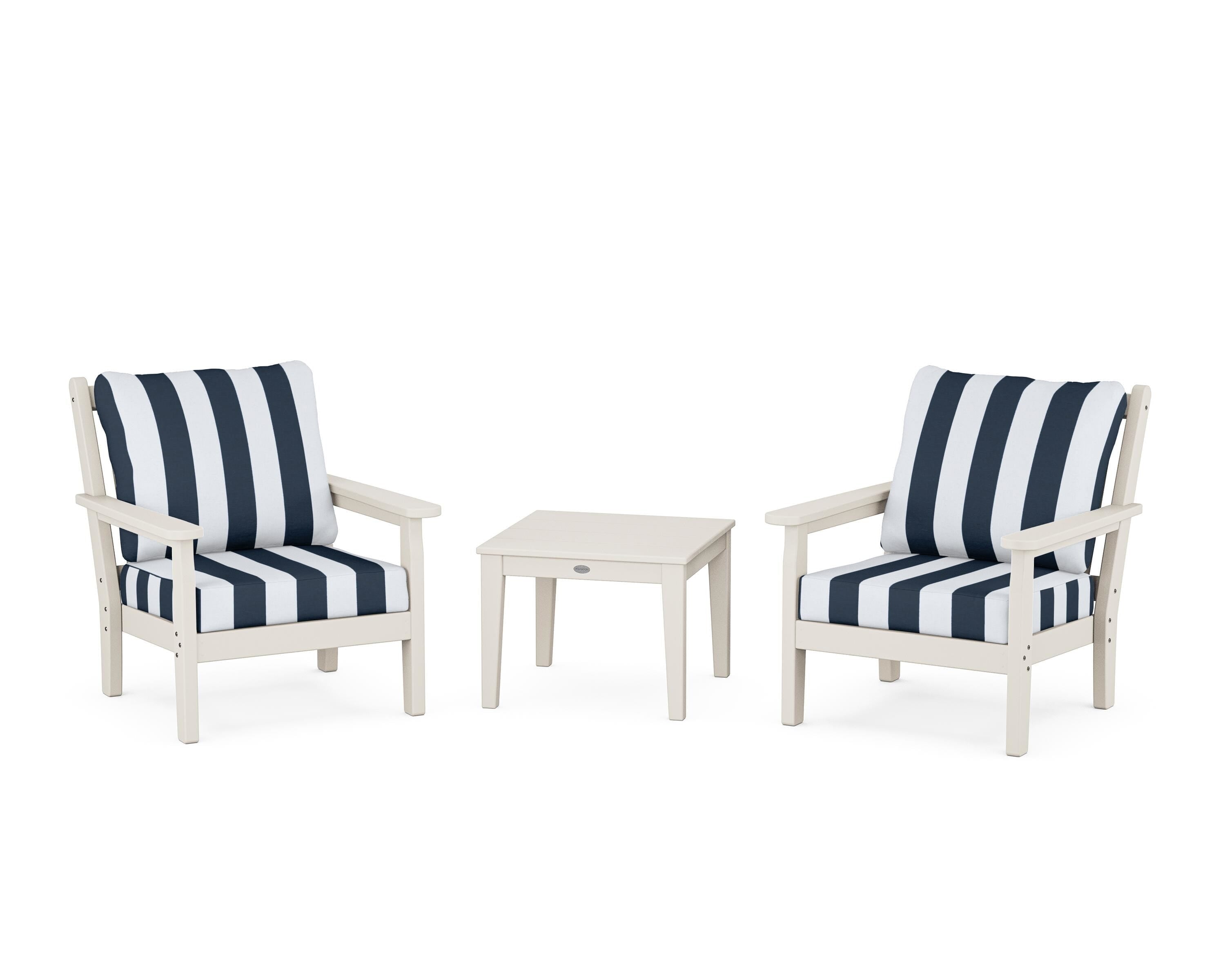POLYWOOD® Chippendale 3-Piece Deep Seating Set in Sand / Cabana Stripe Marine Indigo