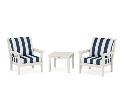 POLYWOOD® Chippendale 3-Piece Deep Seating Set in Sand / Cabana Stripe Marine Indigo