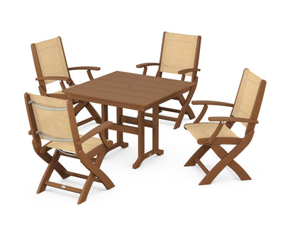 POLYWOOD® Coastal Folding Chair 5-Piece Farmhouse Dining Set in Teak / Dupioni Apricot Sling