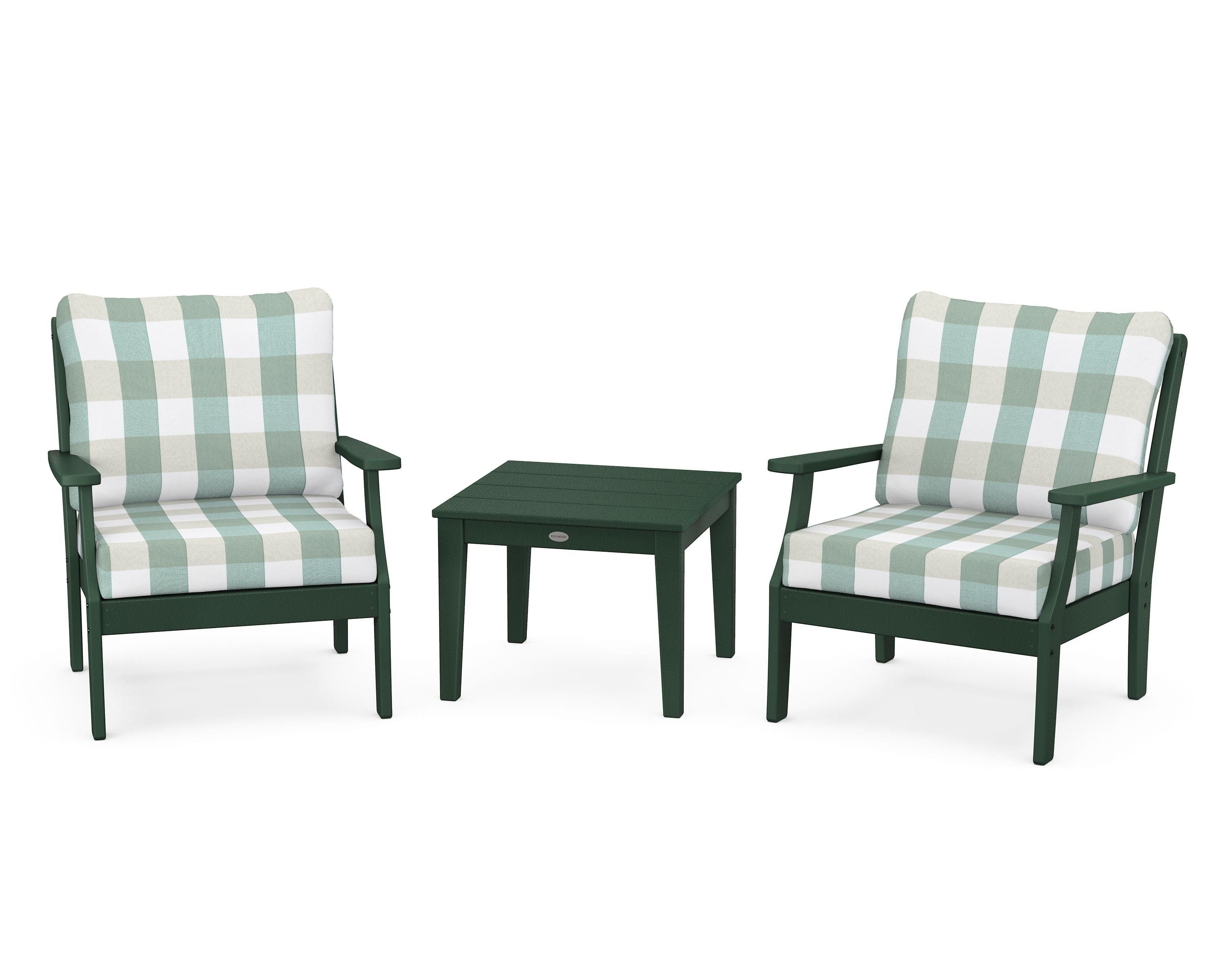 POLYWOOD® Braxton 3-Piece Deep Seating Set in Green / Buffalo Plaid Glacier Spa