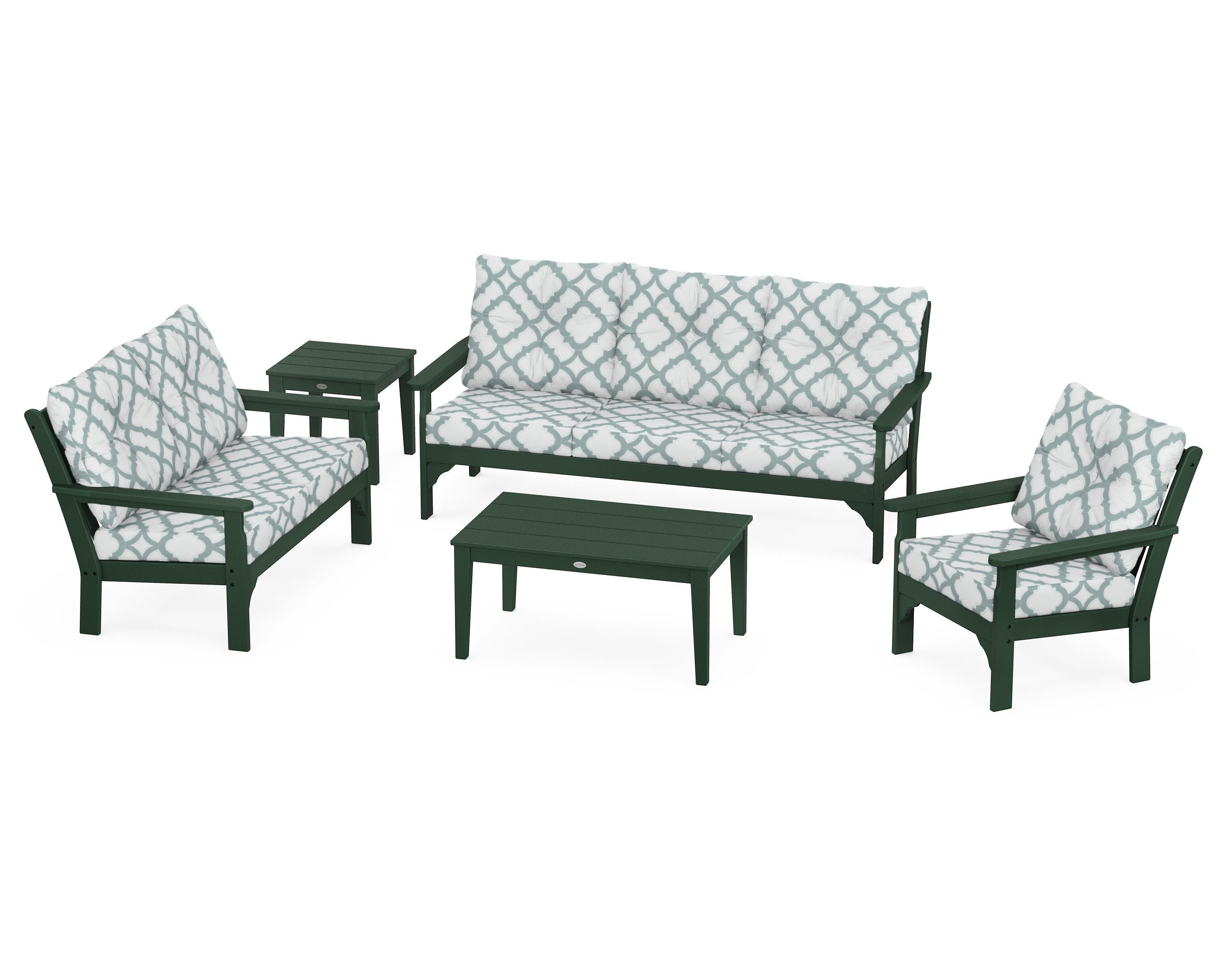 POLYWOOD® Vineyard 5 Piece Deep Seating Set in Green / Trellis Glacier Spa
