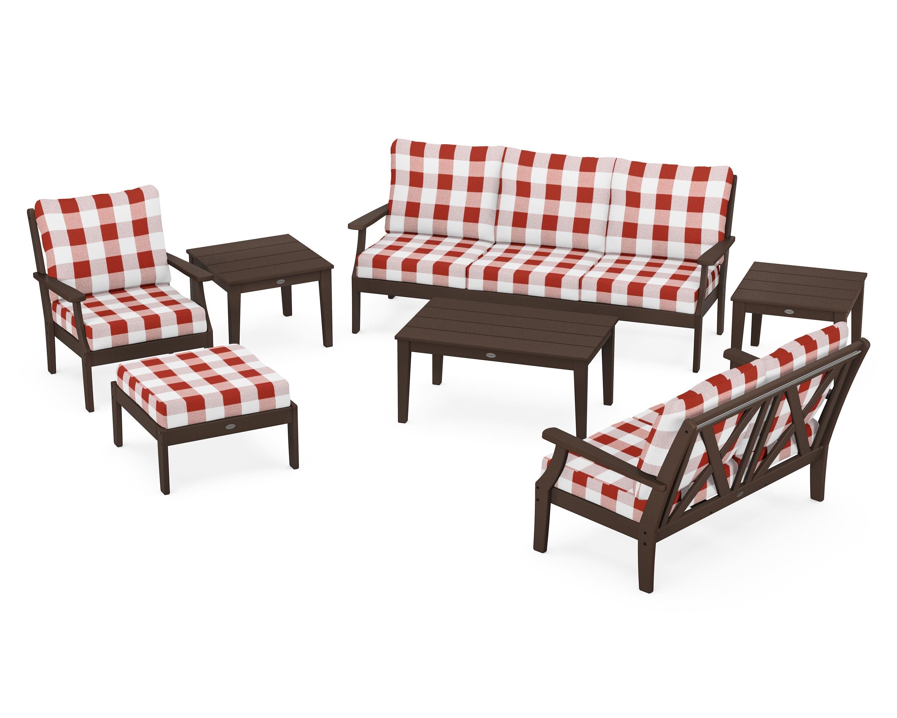 POLYWOOD® Braxton 7-Piece Deep Seating Set in Mahogany / Buffalo Plaid Crimson