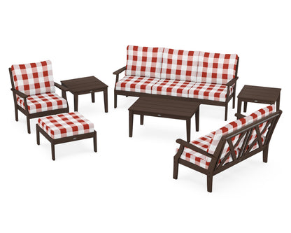 POLYWOOD® Braxton 7-Piece Deep Seating Set in Mahogany / Buffalo Plaid Crimson