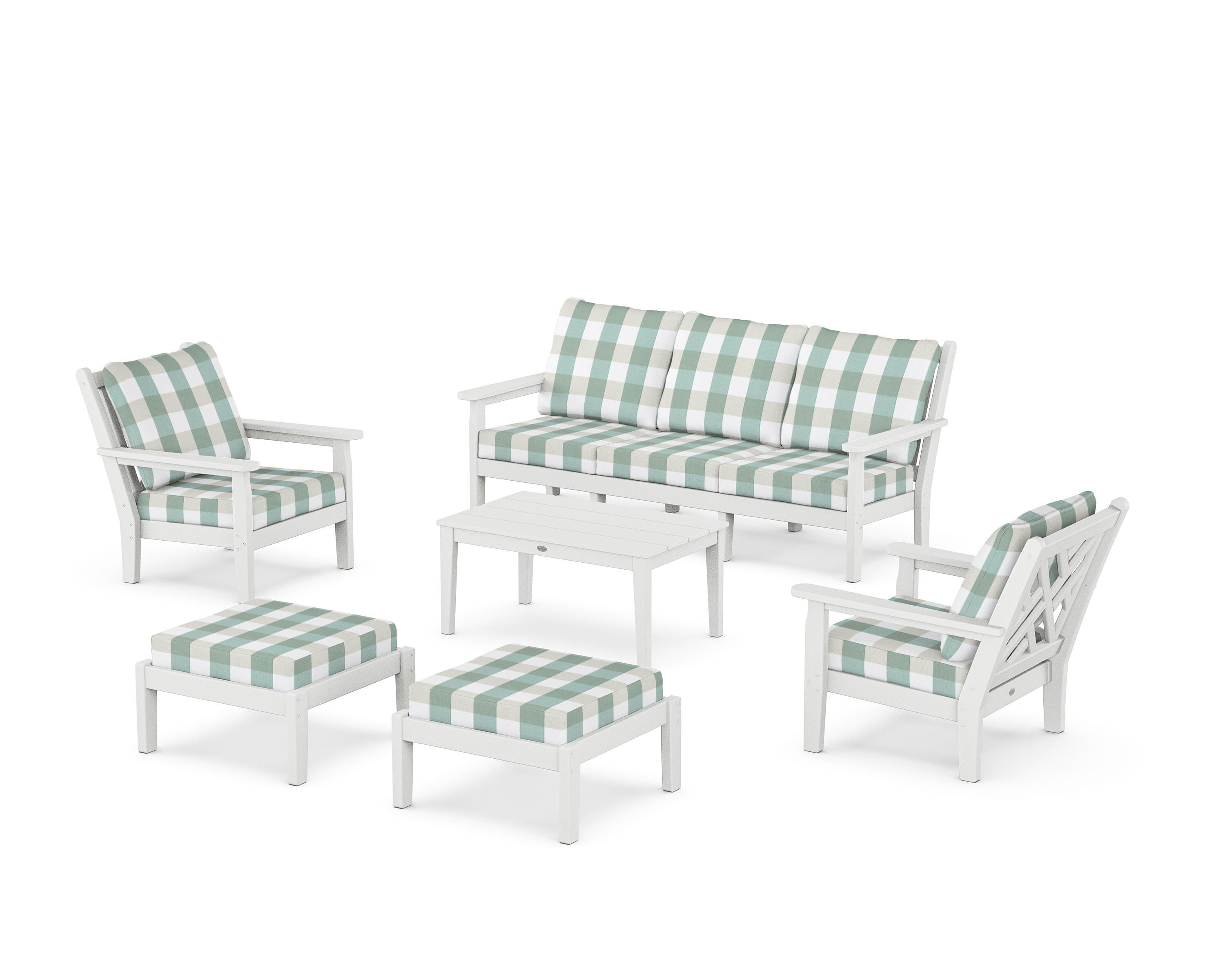 POLYWOOD® Chippendale 6-Piece Lounge Sofa Set in White / Buffalo Plaid Glacier Spa