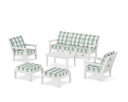 POLYWOOD® Chippendale 6-Piece Lounge Sofa Set in White / Buffalo Plaid Glacier Spa