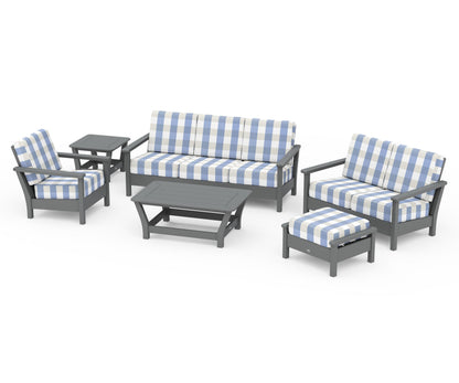 POLYWOOD® Harbour 6-Piece Outdoor Living Set in Slate Grey / Buffalo Plaid Sky Blue