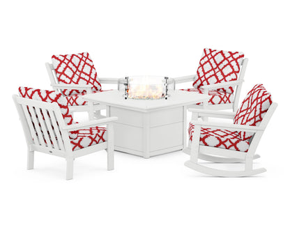 POLYWOOD® Vineyard 5-Piece Deep Seating Rocking Chair Conversation Set with Fire Pit Table in White / Trellis Crimson