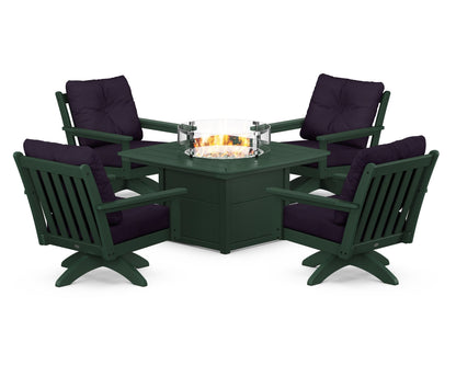POLYWOOD® Vineyard 5-Piece Deep Seating Swivel Conversation Set with Fire Pit Table in Green / Navy Linen
