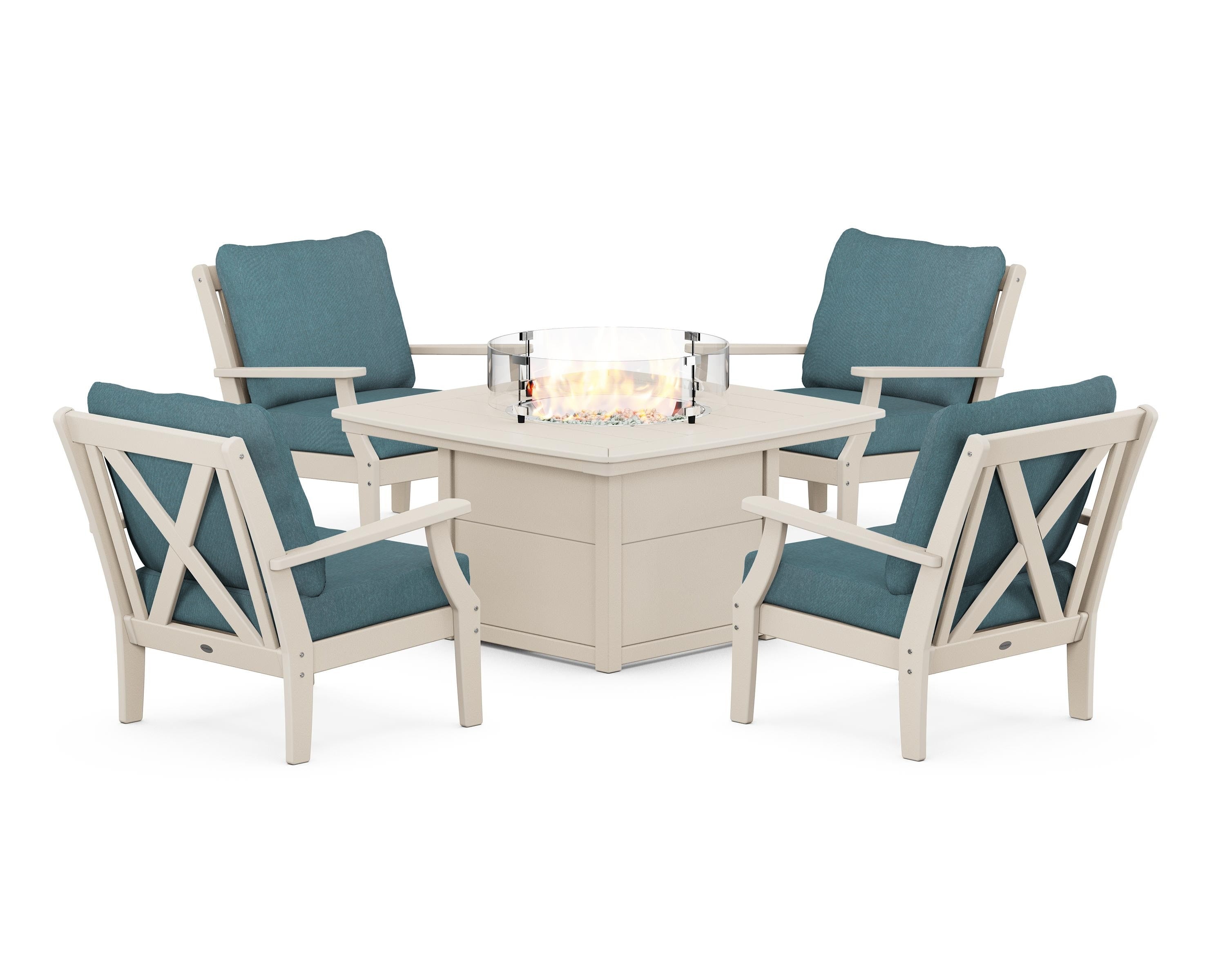 POLYWOOD® Braxton 5-Piece Deep Seating Conversation Set with Fire Pit Table in Sand / Ocean Teal
