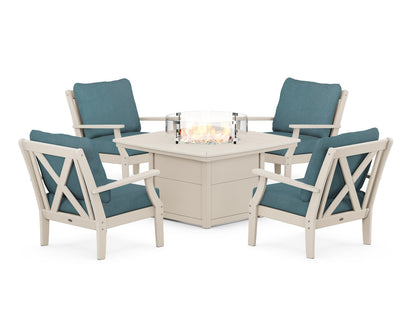 POLYWOOD® Braxton 5-Piece Deep Seating Conversation Set with Fire Pit Table in Sand / Ocean Teal