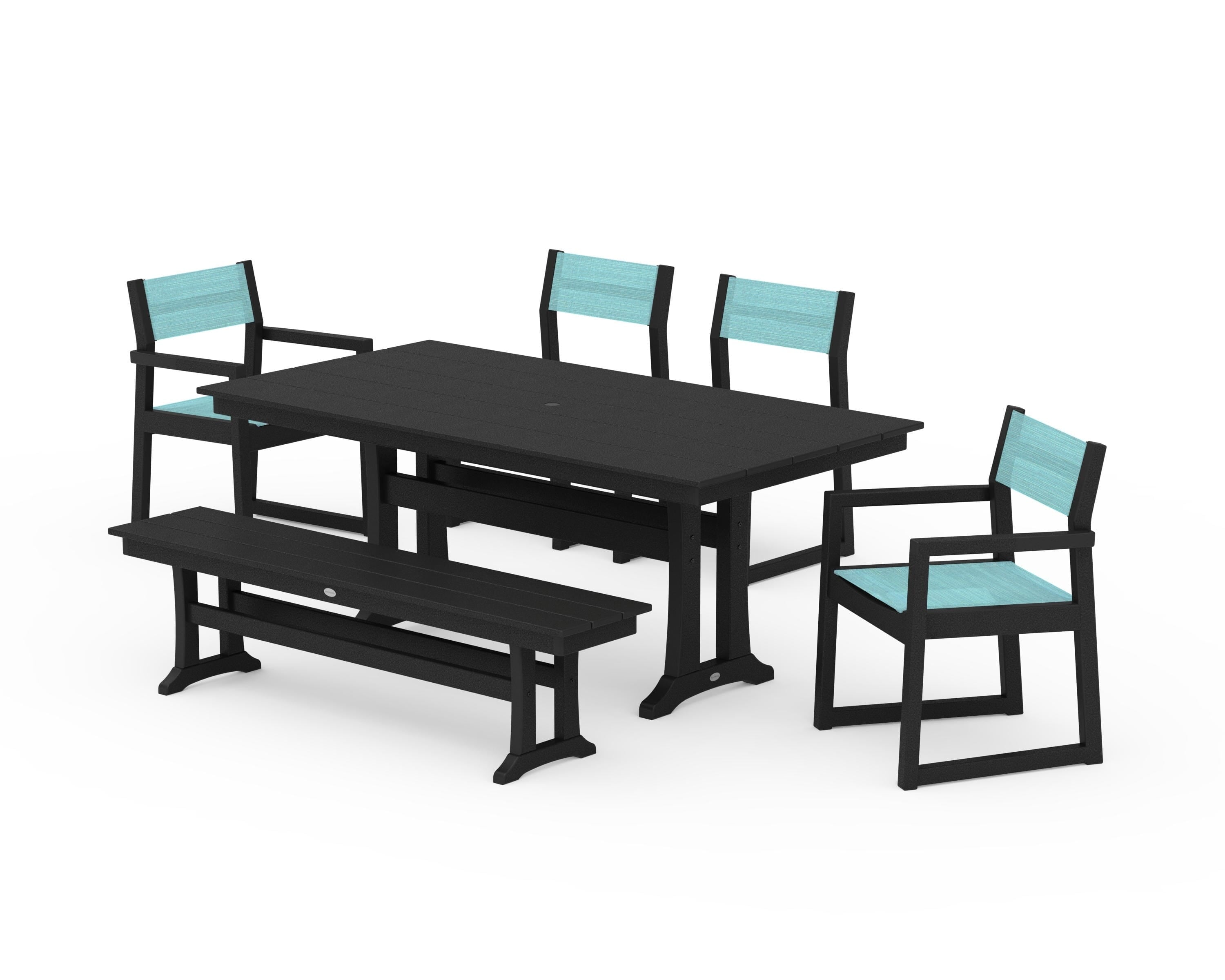 POLYWOOD® EDGE Sling 6-Piece Farmhouse Dining Set With Trestle Legs in Black / Dupioni Aquamarine Sling