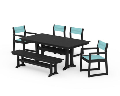 POLYWOOD® EDGE Sling 6-Piece Farmhouse Dining Set With Trestle Legs in Black / Dupioni Aquamarine Sling