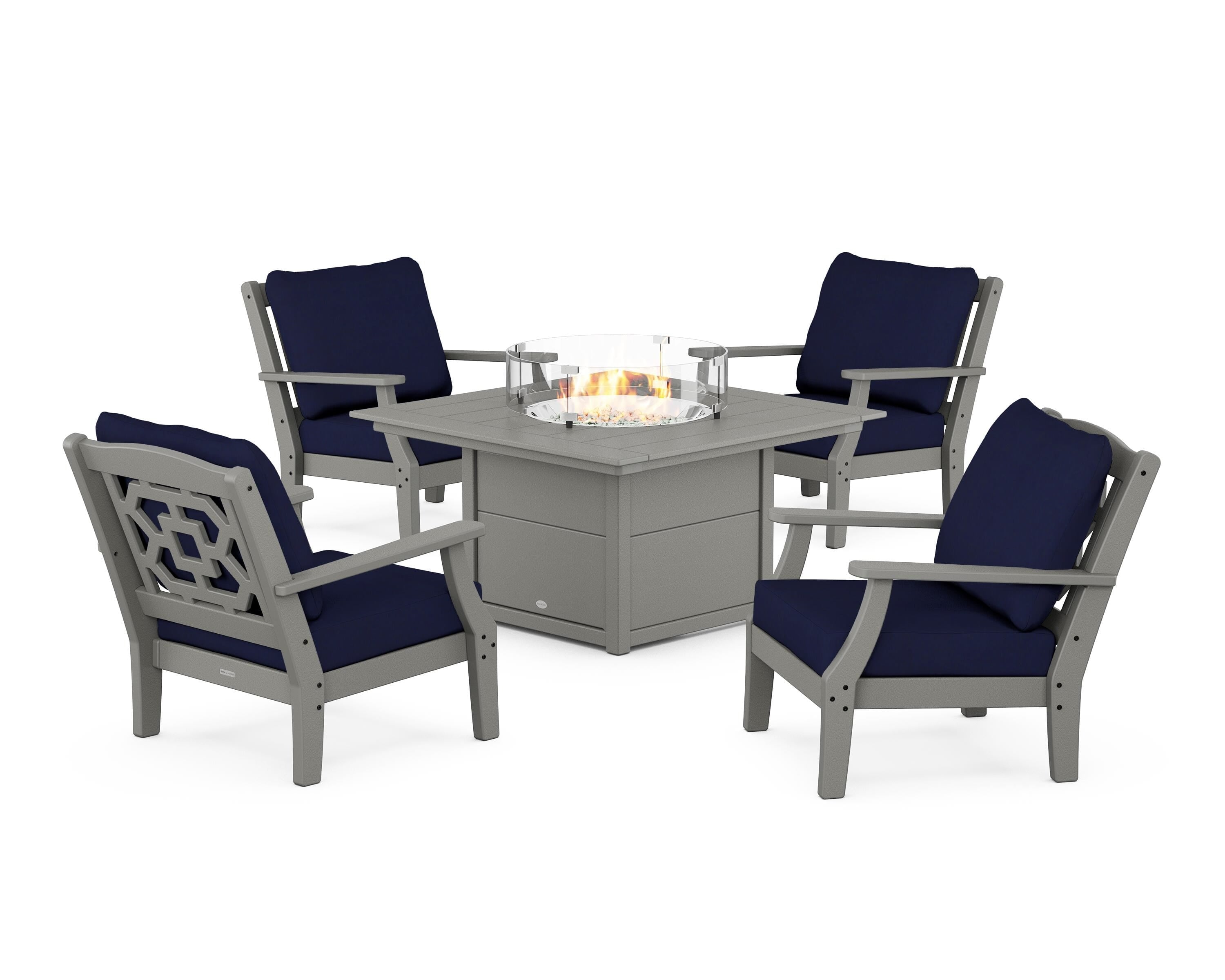 Martha Stewart by POLYWOOD® Chinoiserie 5-Piece Deep Seating Set with Fire Pit Table in Slate Grey / Navy