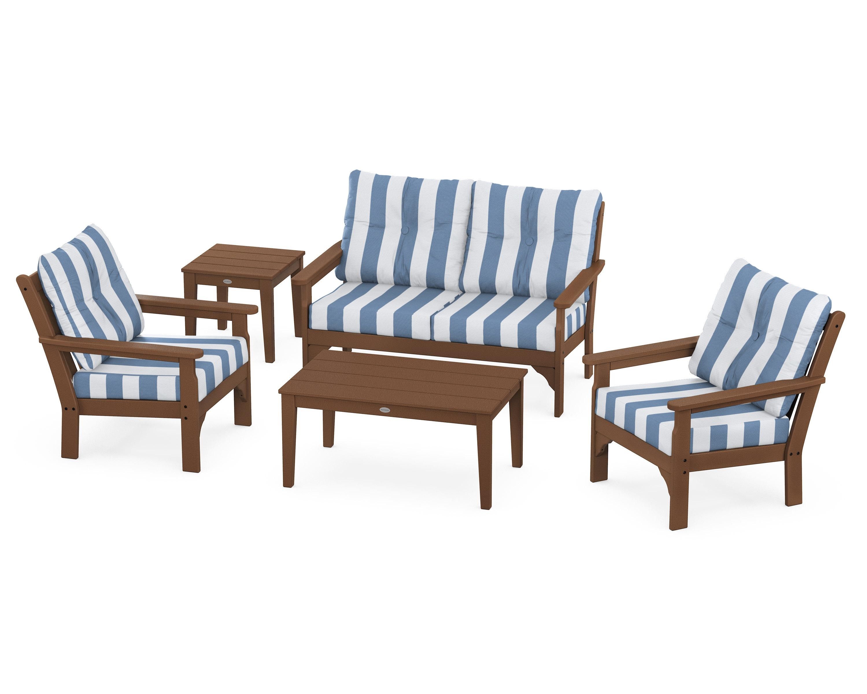 POLYWOOD® Vineyard 5-Piece Deep Seating Set in Teak / Cabana Stripe Sky Blue