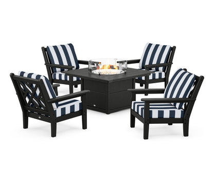 POLYWOOD® Chippendale 5-Piece Deep Seating Set with Fire Pit Table in Black / Cabana Stripe Marine Indigo