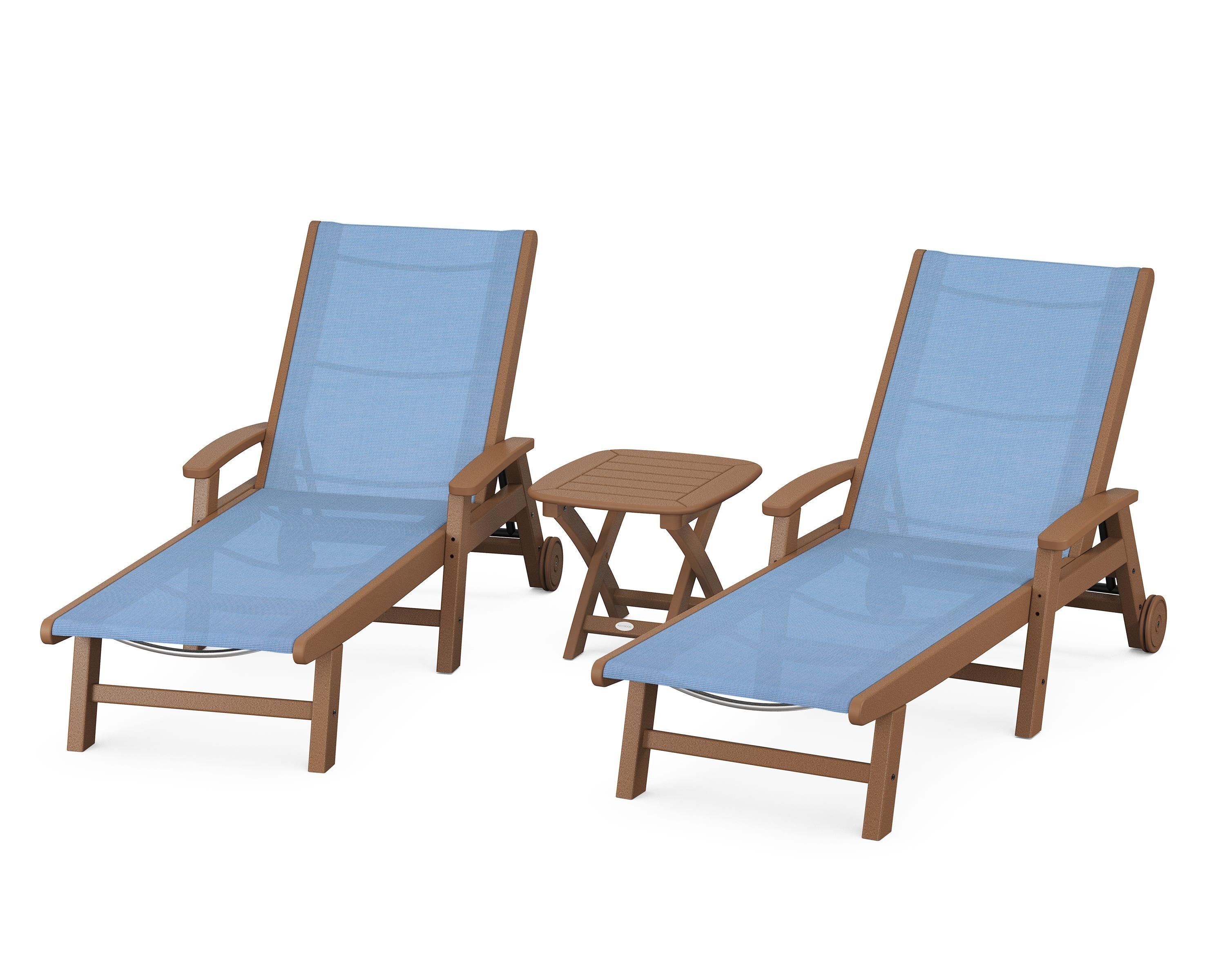 POLYWOOD® Coastal 3-Piece Wheeled Chaise Set in Teak / Poolside Sling