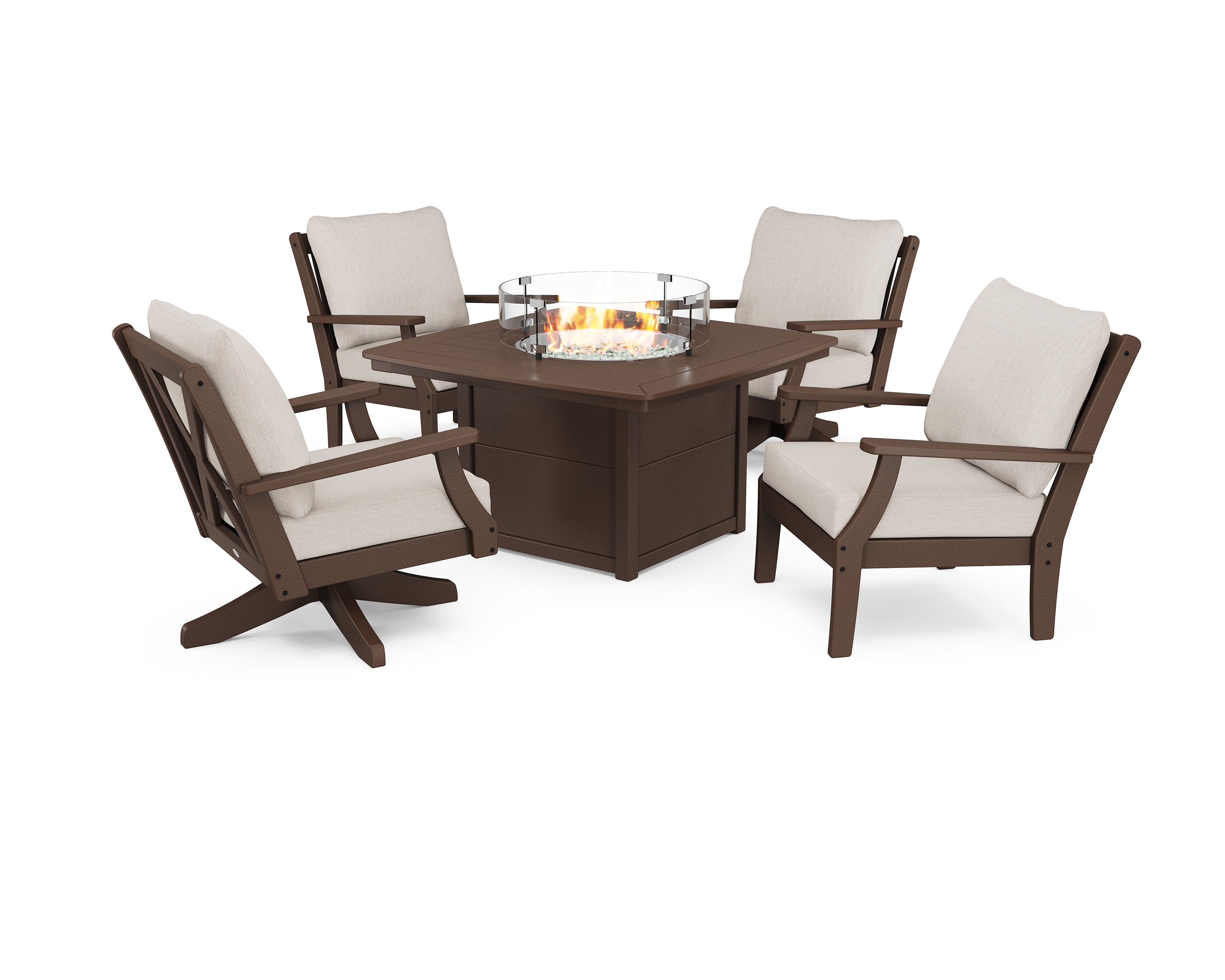 POLYWOOD® Braxton 5-Piece Deep Seating Set with Fire Table in Mahogany / Cast Ash