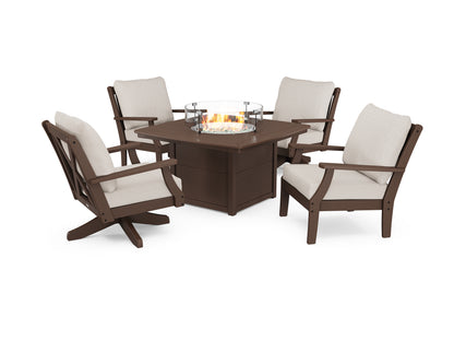 POLYWOOD® Braxton 5-Piece Deep Seating Set with Fire Table in Mahogany / Cast Ash