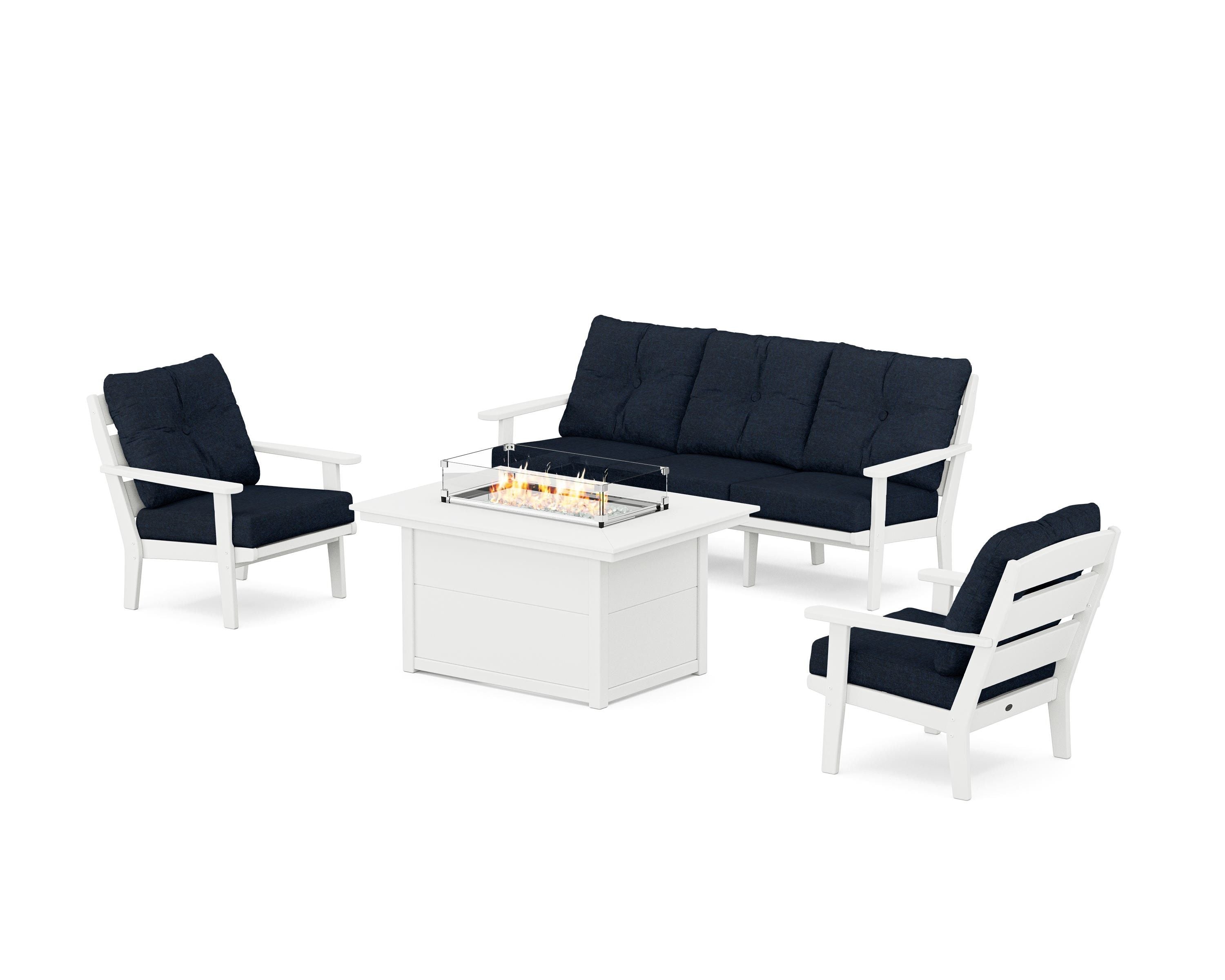 POLYWOOD® Lakeside Deep Seating Fire Pit Table Set in White / Marine Indigo