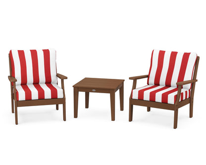 POLYWOOD® Braxton 3-Piece Deep Seating Set in Teak / Cabana Stripe Crimson