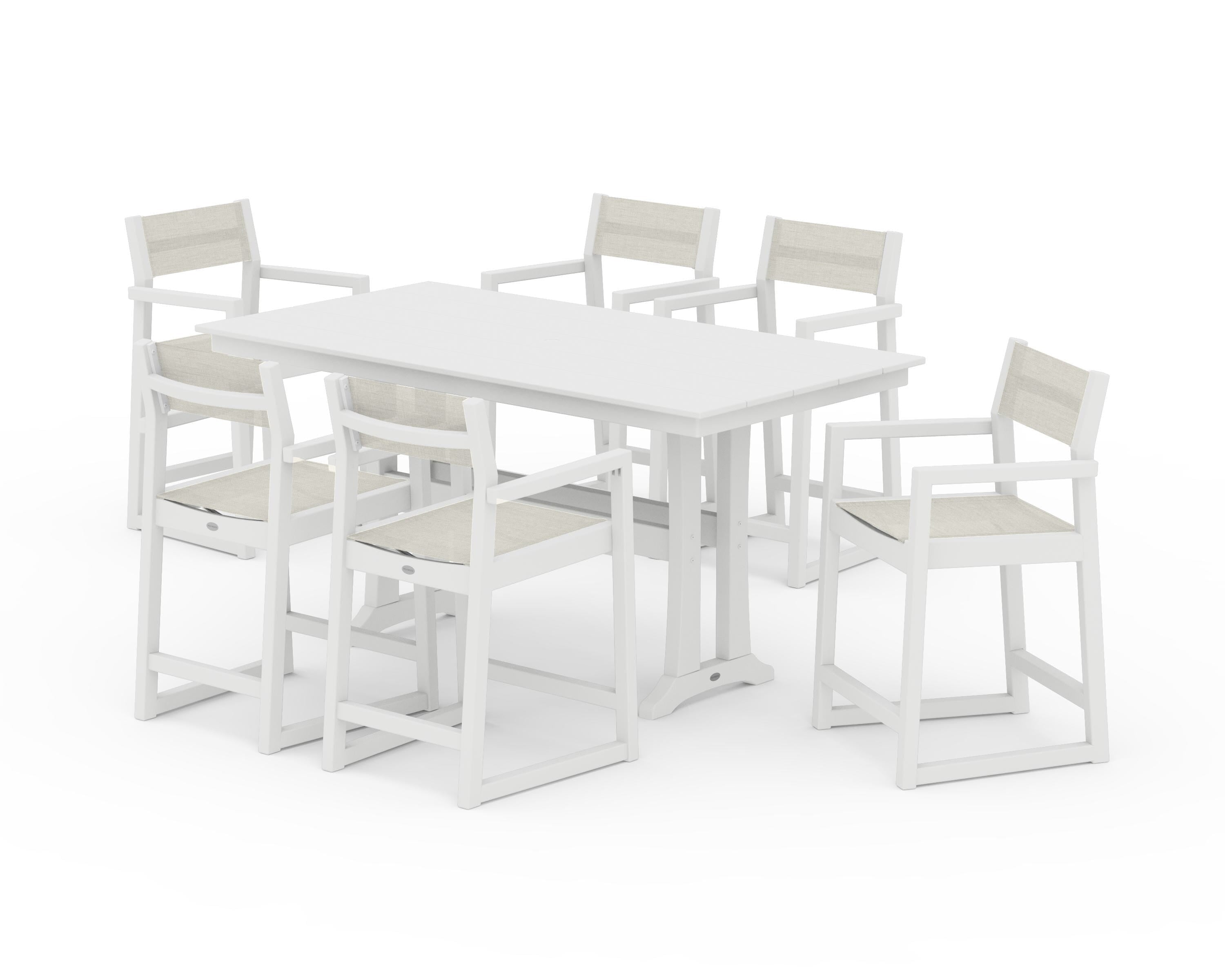 POLYWOOD® EDGE Sling Arm Chair 7-Piece Farmhouse Counter Set with Trestle Legs in White / Parchment Sling