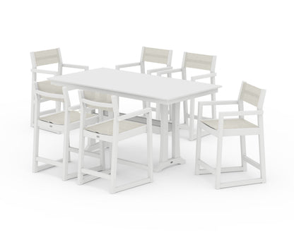 POLYWOOD® EDGE Sling Arm Chair 7-Piece Farmhouse Counter Set with Trestle Legs in White / Parchment Sling