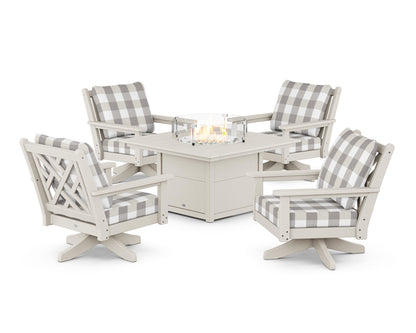 POLYWOOD® Chippendale 5-Piece Deep Seating Swivel Conversation Set with Fire Pit Table in Sand / Buffalo Plaid Grey Mist