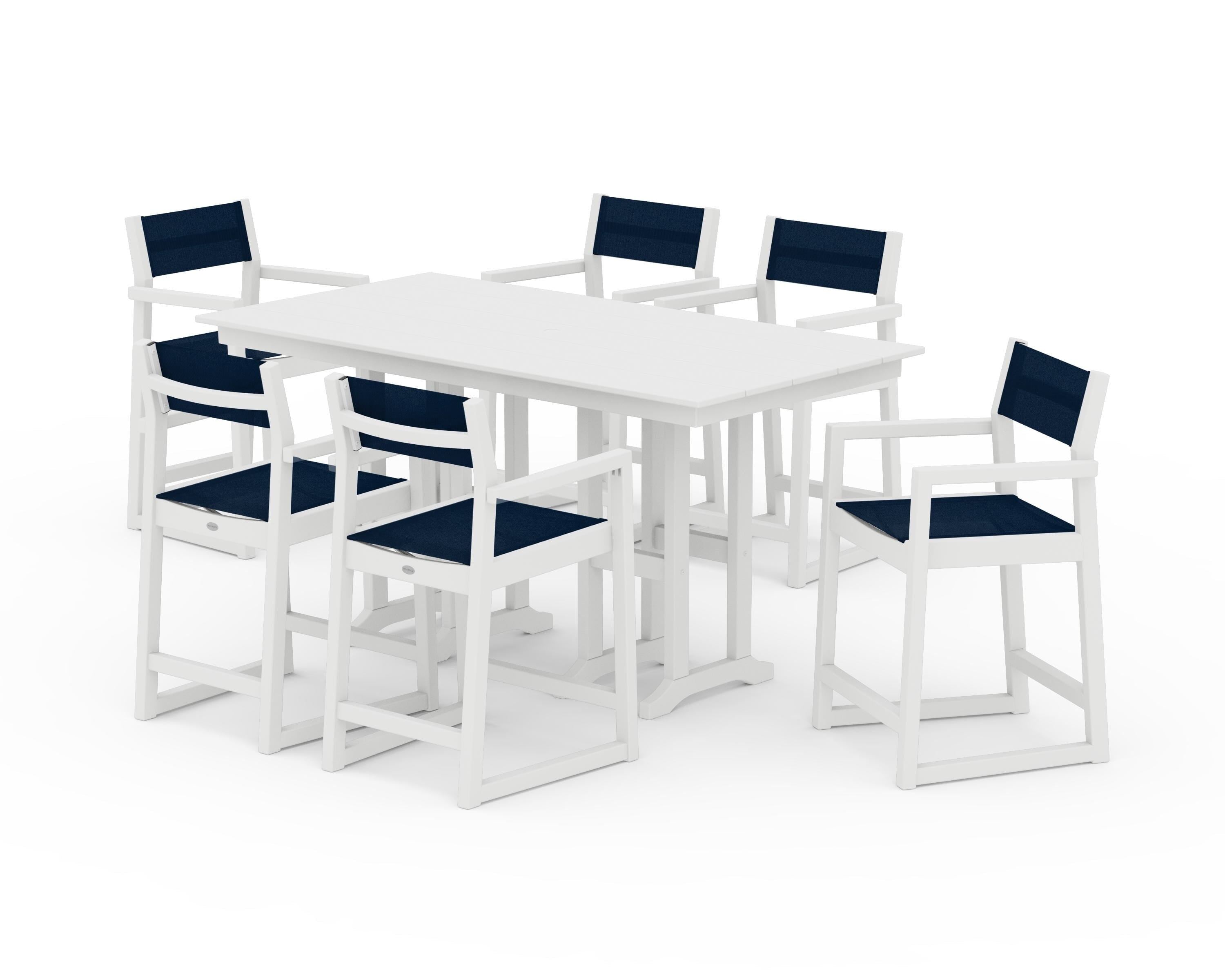 POLYWOOD® EDGE Sling Arm Chair 7-Piece Farmhouse Counter Set in White / Navy Blue Sling