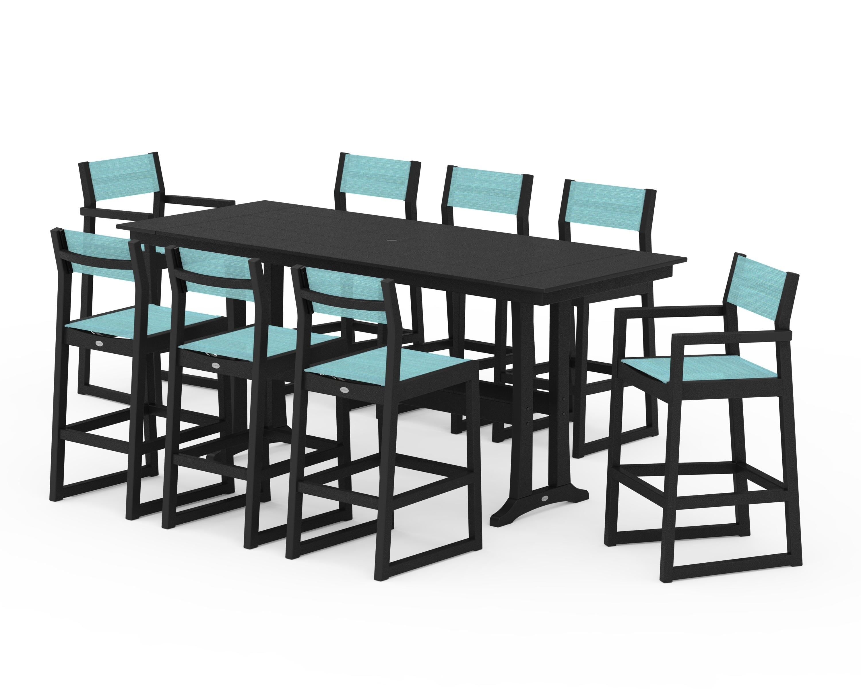 POLYWOOD® EDGE Sling 9-Piece Farmhouse Bar Set with Trestle Legs in Black / Dupioni Aquamarine Sling