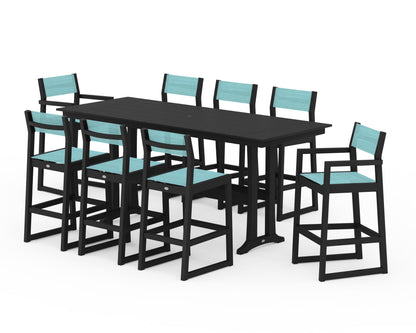 POLYWOOD® EDGE Sling 9-Piece Farmhouse Bar Set with Trestle Legs in Black / Dupioni Aquamarine Sling