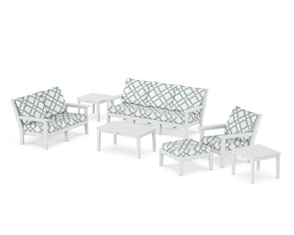 POLYWOOD® Chippendale 7-Piece Deep Seating Set in White / Trellis Glacier Spa