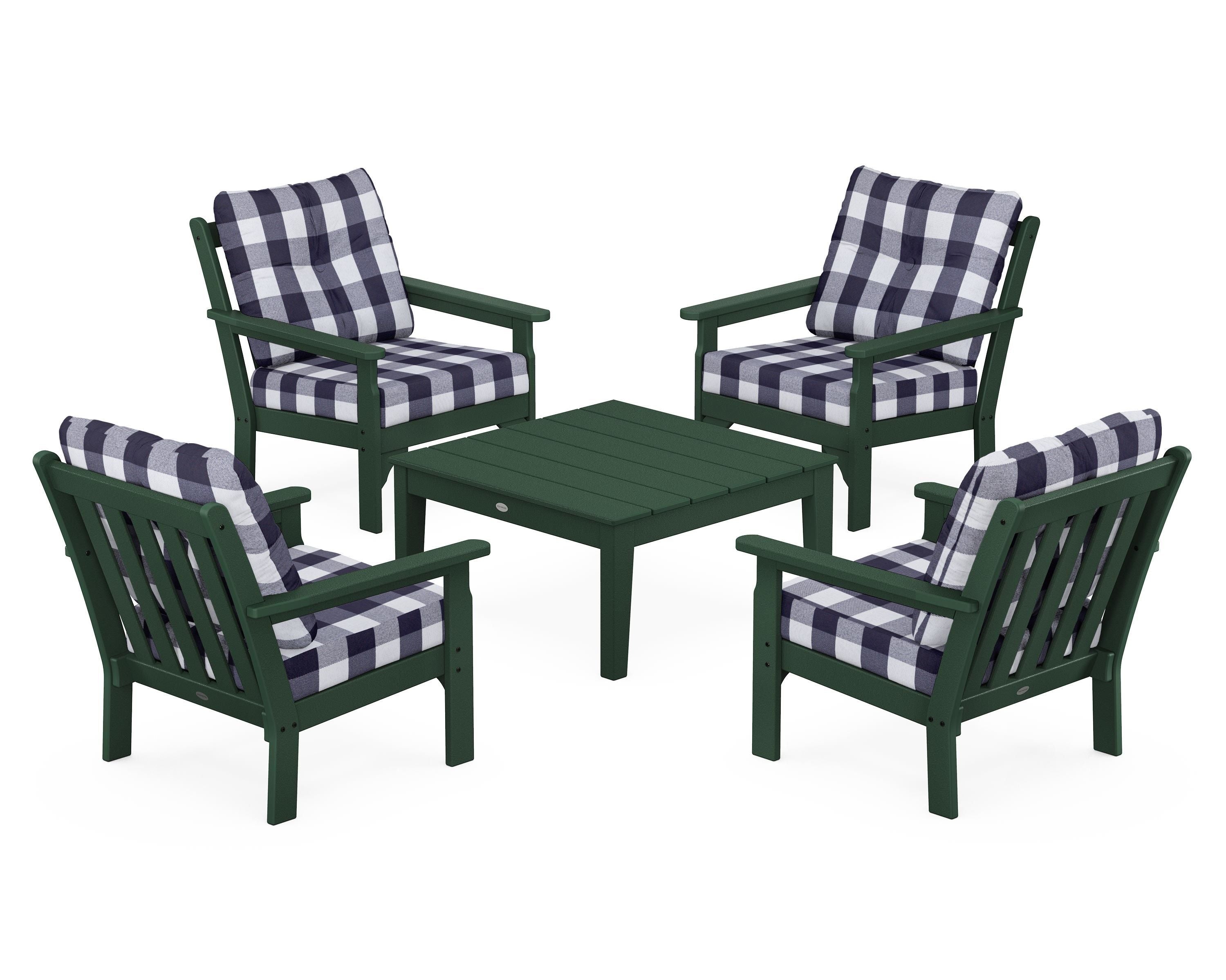 POLYWOOD® Vineyard 5-Piece Deep Seating Conversation Set in Green / Buffalo Plaid Navy