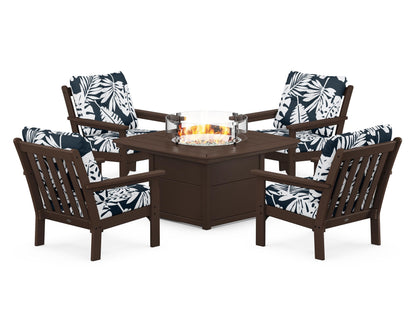 POLYWOOD® Vineyard 5-Piece Conversation Set with Fire Pit Table in Mahogany / Leaf Marine Indigo