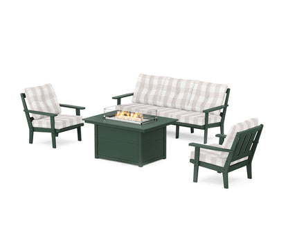 POLYWOOD® Oxford Deep Seating Fire Pit Table Set in Green / Buffalo Plaid Dune Burlap