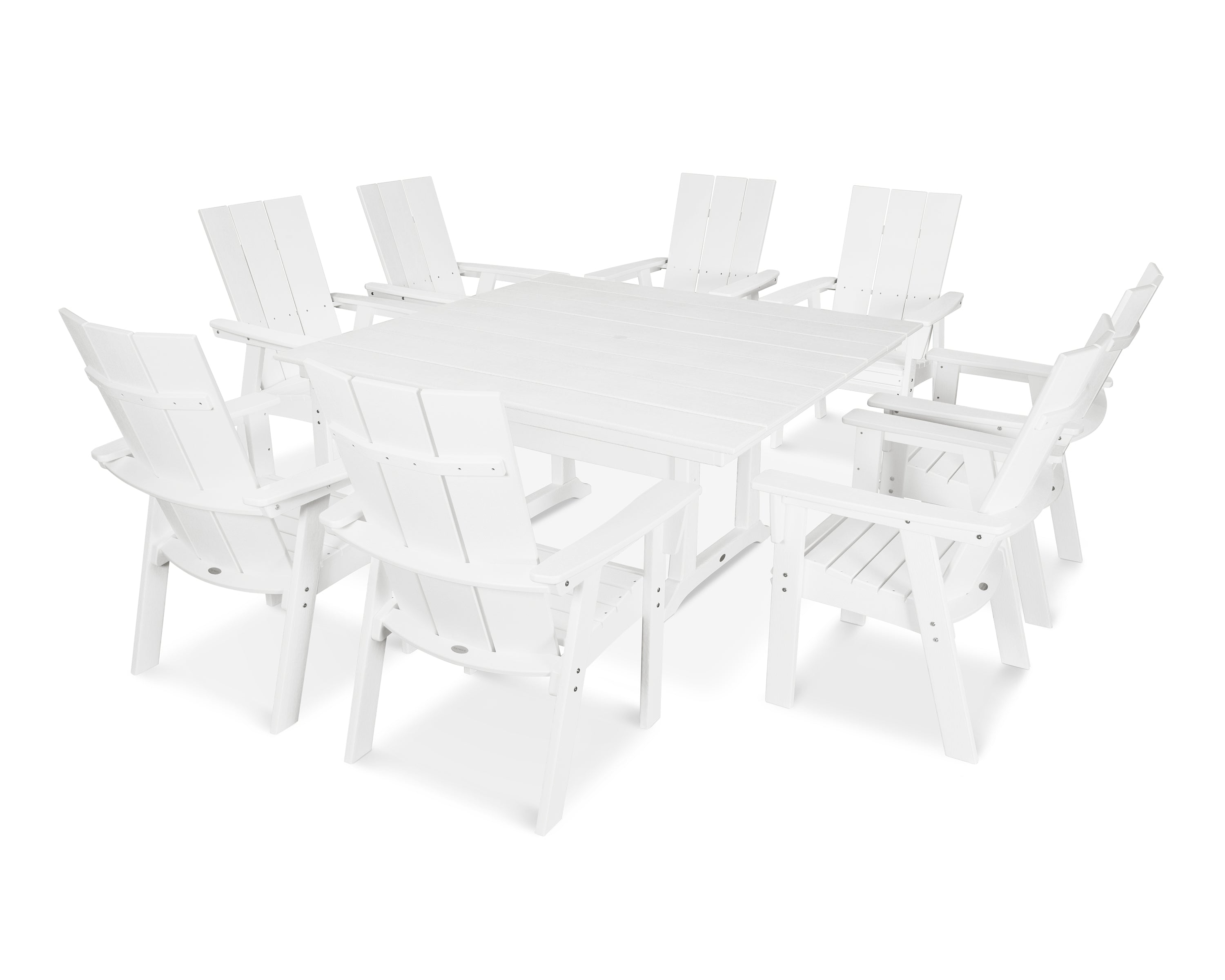 POLYWOOD® Modern Curveback Adirondack 9-Piece Farmhouse Trestle Dining Set in White