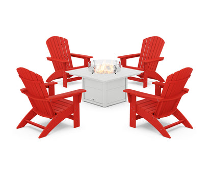 POLYWOOD® 5-Piece Nautical Grand Adirondack Conversation Set with Fire Pit Table in Sunset Red / White