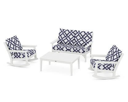 POLYWOOD® Vineyard 4-Piece Deep Seating Rocking Chair Set in White / Trellis Navy