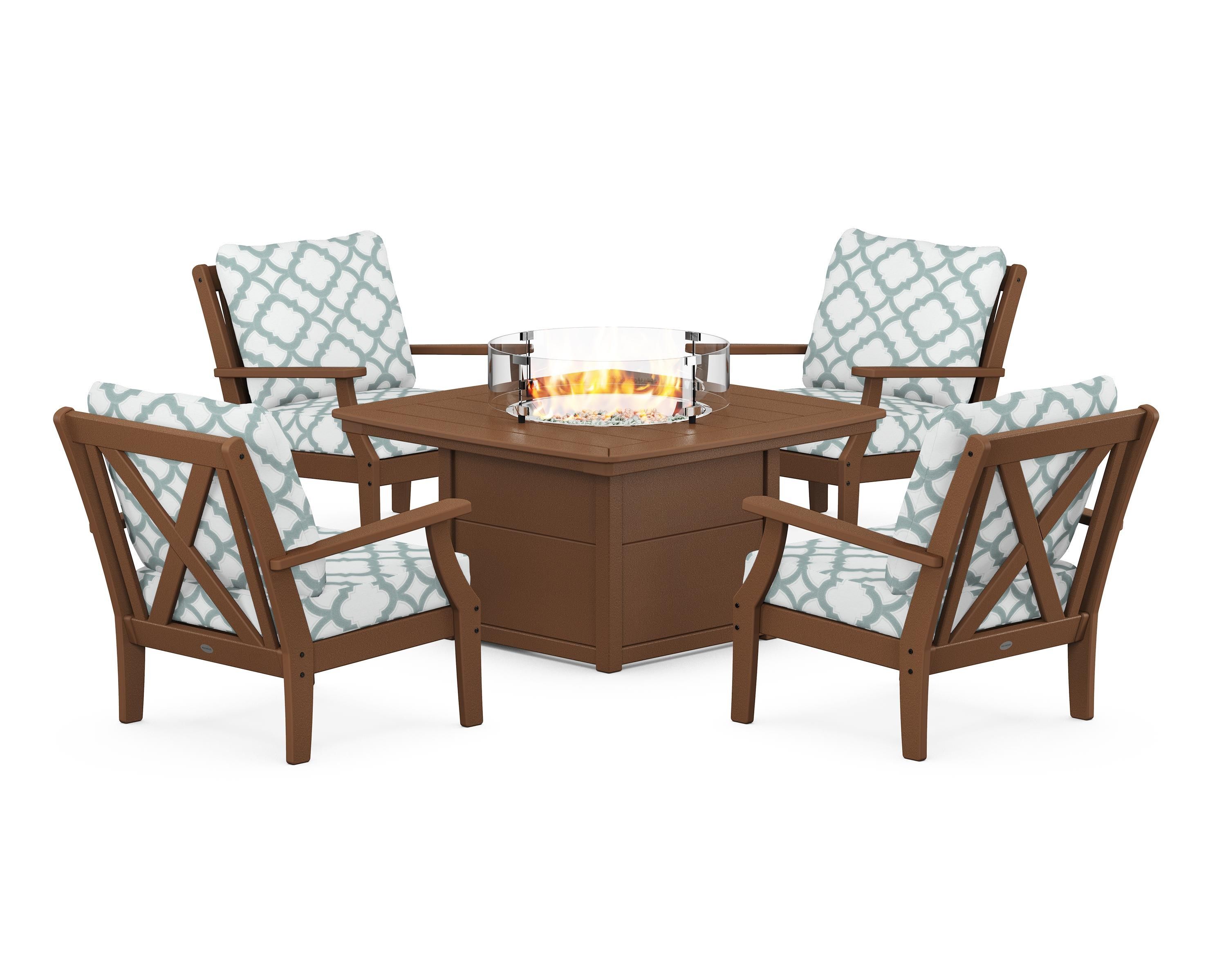 POLYWOOD® Braxton 5-Piece Deep Seating Conversation Set with Fire Pit Table in Teak / Trellis Glacier Spa