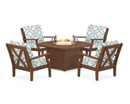 POLYWOOD® Braxton 5-Piece Deep Seating Conversation Set with Fire Pit Table in Teak / Trellis Glacier Spa