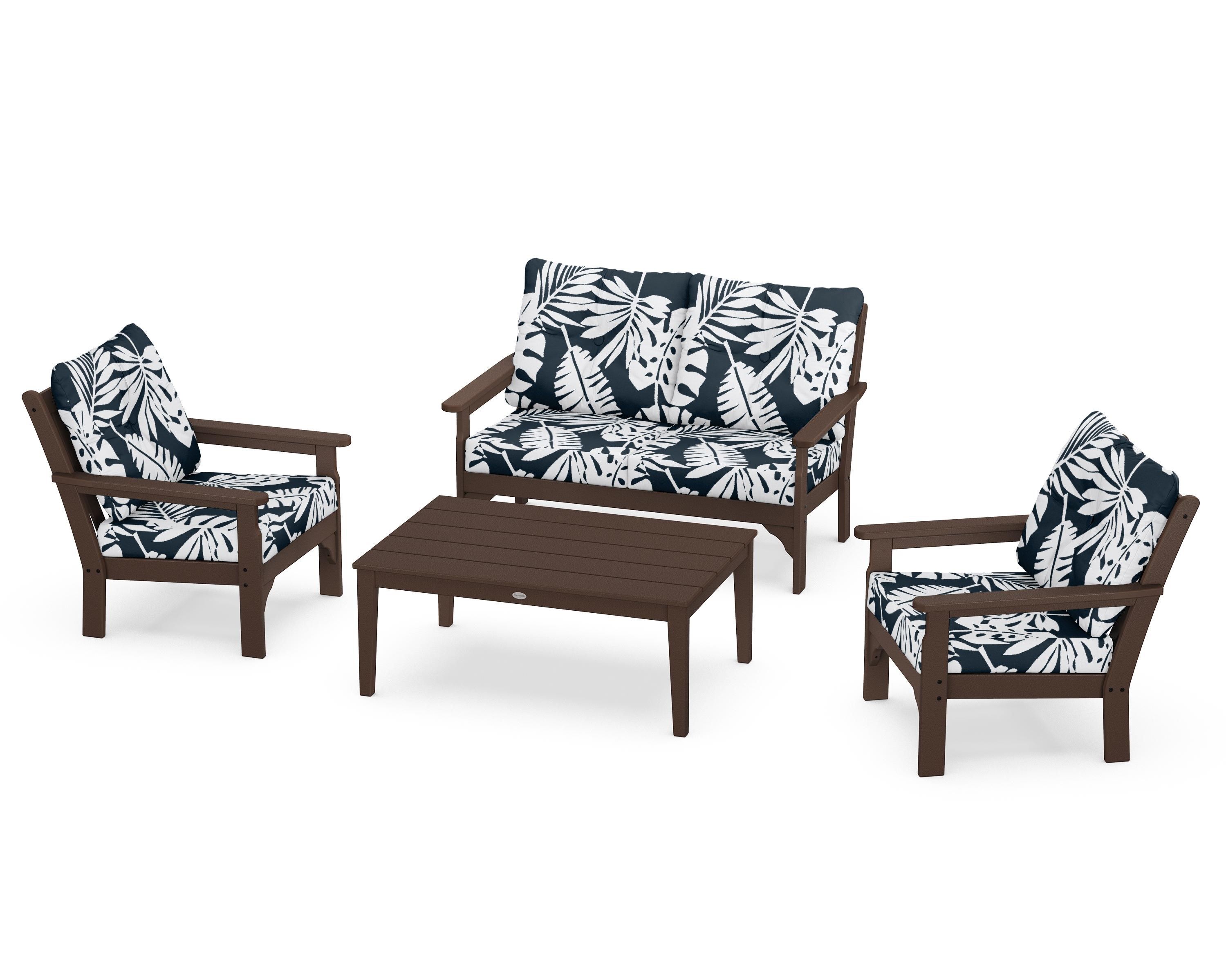 POLYWOOD® Vineyard 4-Piece Deep Seating Set in Mahogany / Leaf Marine Indigo