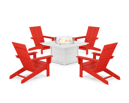POLYWOOD® 5-Piece Modern Studio Adirondack Conversation Set with Fire Pit Table in Sunset Red / White