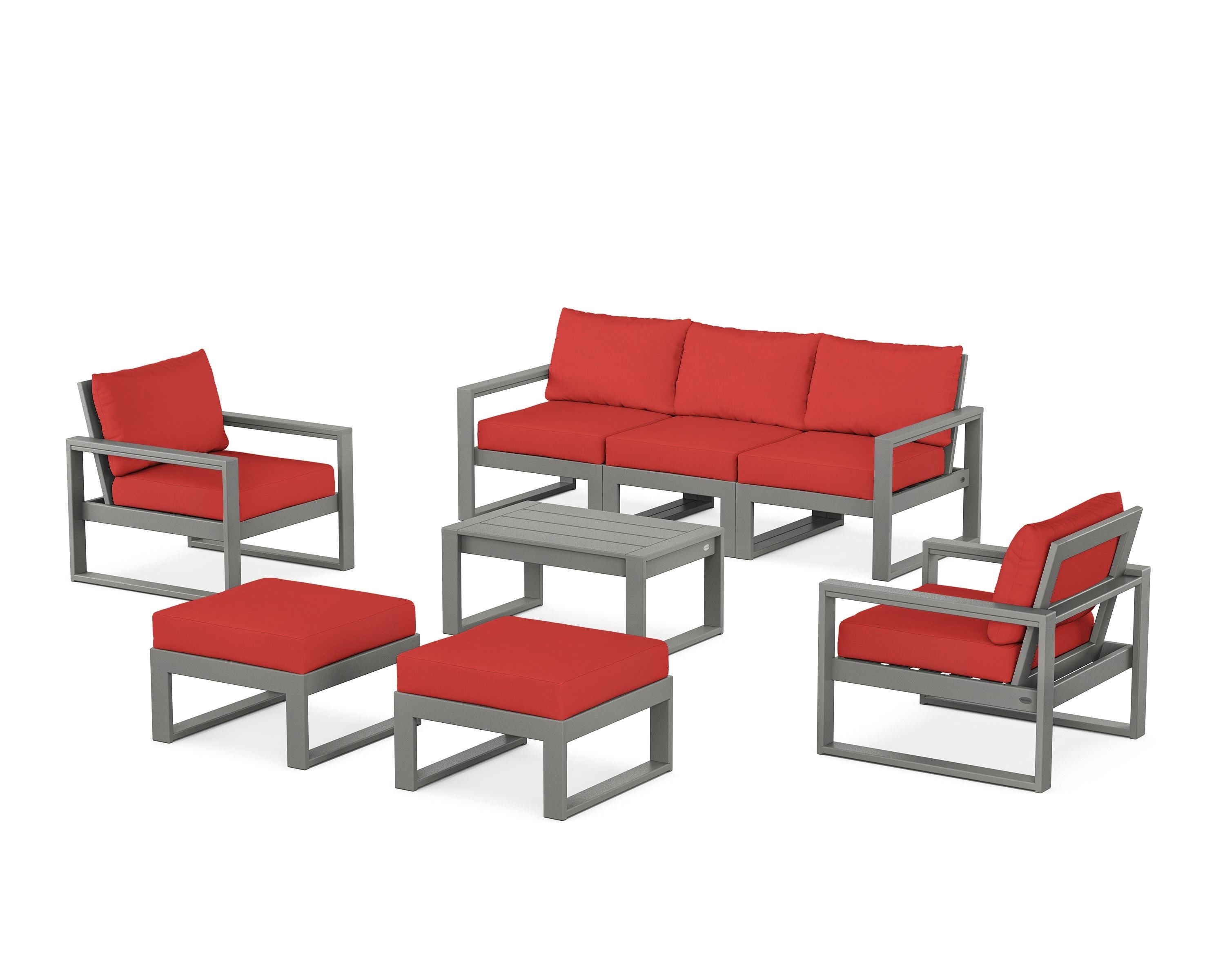 POLYWOOD® EDGE Sectional 8-Piece Lounge Sofa Set in Slate Grey / Crimson Linen
