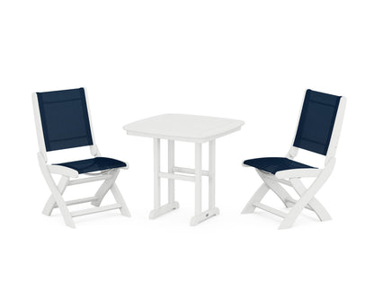 POLYWOOD® Coastal Folding Side Chair 3-Piece Dining Set in White / Navy Blue Sling