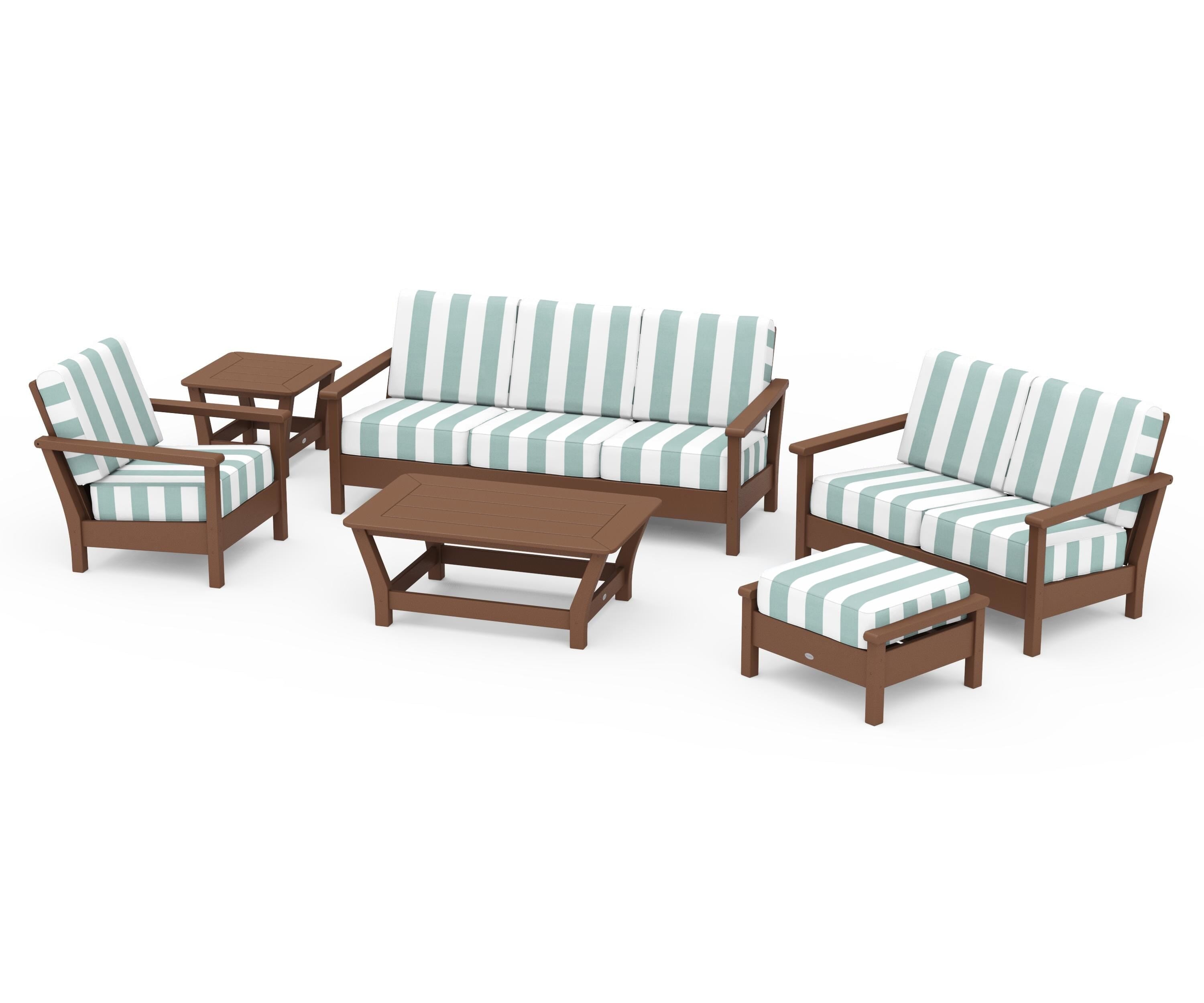 POLYWOOD® Harbour 6-Piece Outdoor Living Set in Teak / Cabana Stripe Glacier Spa