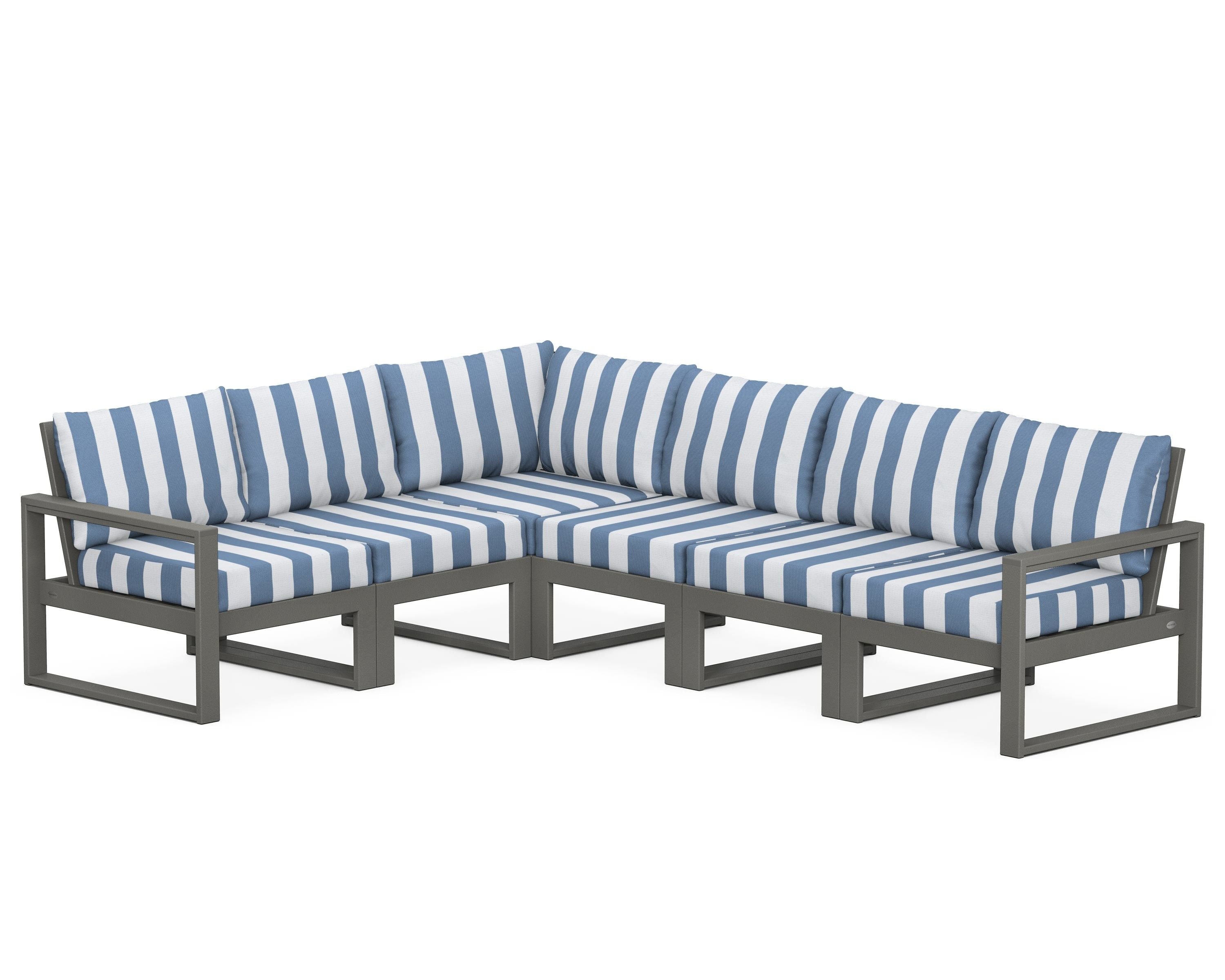 POLYWOOD® EDGE 6-Piece Modular Deep Seating Set in Slate Grey / Cabana Stripe Sky Blue