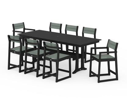 POLYWOOD® EDGE Sling 9-Piece Farmhouse Counter Set with Trestle Legs in Black / Dupioni Sea Mist Sling